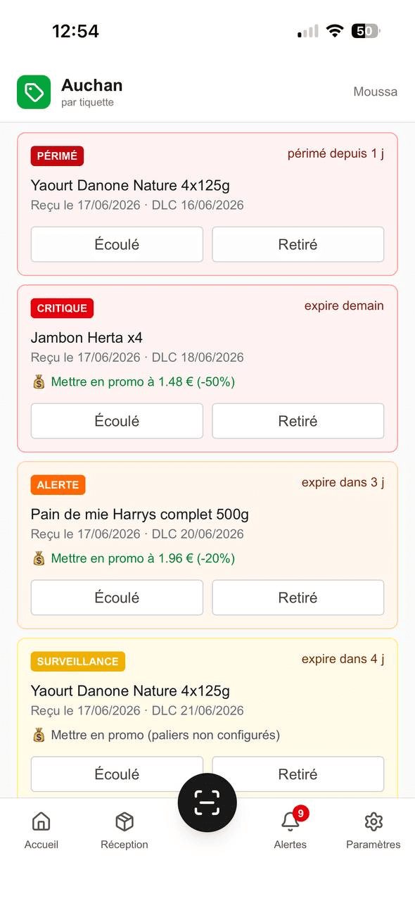Écran Alertes : produits classés par urgence (périmé, critique, alerte, surveillance) avec mise en promo automatique