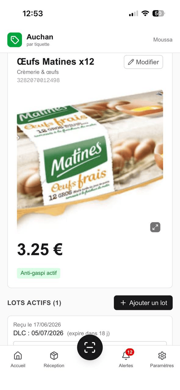 Fiche produit : prix affiché, anti-gaspi actif et lots en cours