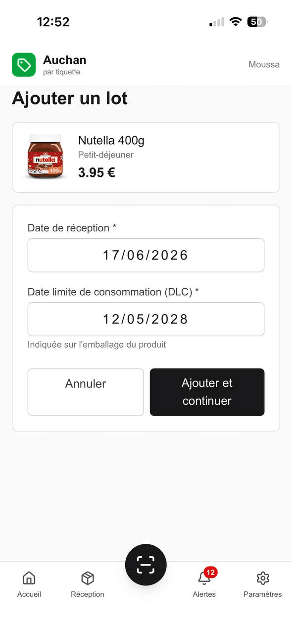 Écran Ajouter un lot : saisie de la date de réception et de la date limite de consommation